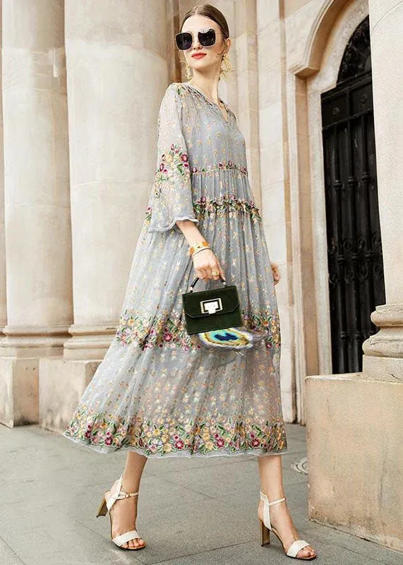 Boutique gray tulle dresses with embroidery and V-neck, two-piece set, spring set