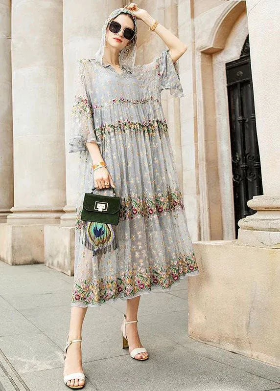 Boutique gray tulle dresses with embroidery and V-neck, two-piece set, spring set