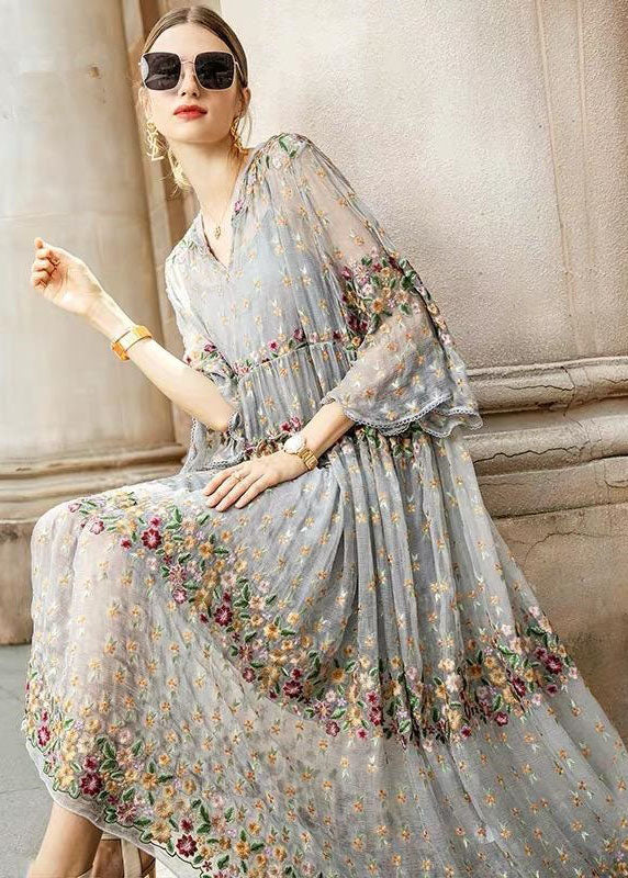 Boutique gray tulle dresses with embroidery and V-neck, two-piece set, spring set