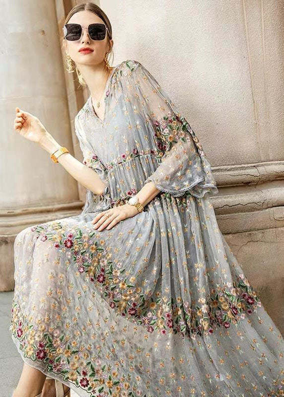 Boutique gray tulle dresses with embroidery and V-neck, two-piece set, spring set