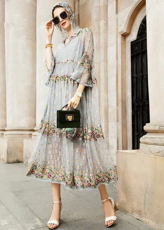 Boutique gray tulle dresses with embroidery and V-neck, two-piece set, spring set