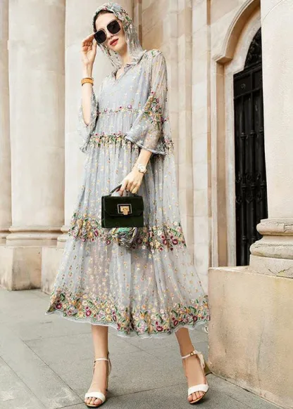 Boutique gray tulle dresses with embroidery and V-neck, two-piece set, spring set