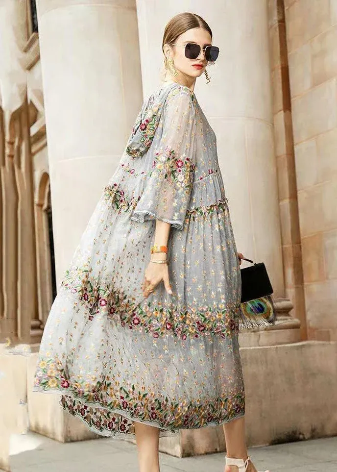 Boutique gray tulle dresses with embroidery and V-neck, two-piece set, spring set