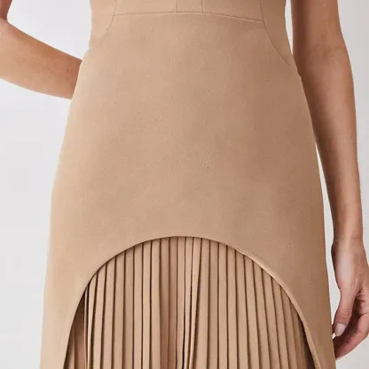 Military Style Cap Sleeve High Neck Patchwork Pleated Hem Mini Dress