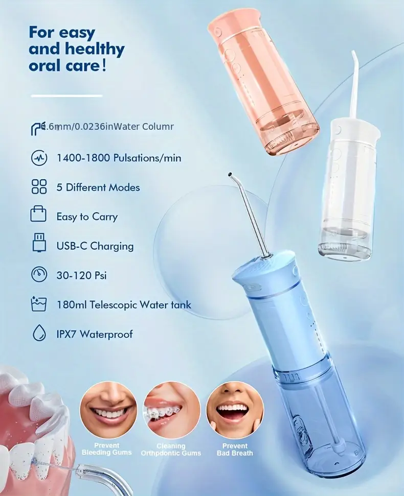 portable usb rechargeable water flosser cordless portable oral irrigator deep cleaning teeth 5   6 nozzles large capacity tank compact for travel use in   home   details 3