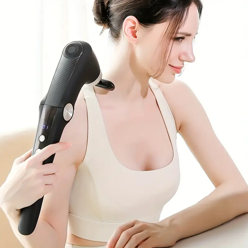 a usb rechargeable folding fascia gun that offers 9   settings and   angle adjustments featuring 10 interchangeable massage heads   of providing   heat and cold   details 4