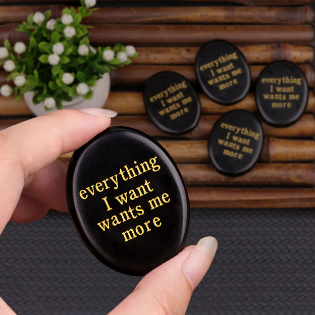 Natural Obsidian Engraved Palm Stone Oval Thumb Worry Stone Inspirational Quote Pocket Crystal Decorative Keepsake