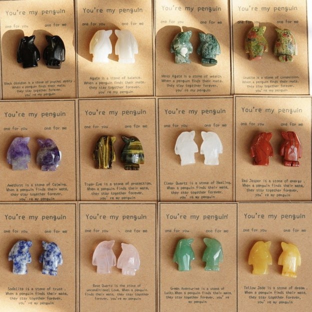 Natural Rose Quartz Penguin Figurine Set, Hand Carved Stone Couple Penguins with Gift Box and Message Card