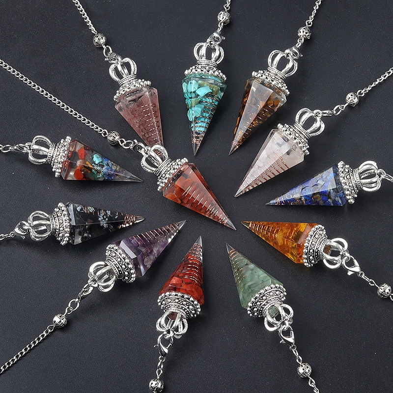 Natural Crystal Pendulum Necklace, Resin Hexagon Cone Dowsing Pendulum with Gemstone Chips, Spiritual Divination Gift, Handmade Jewelry