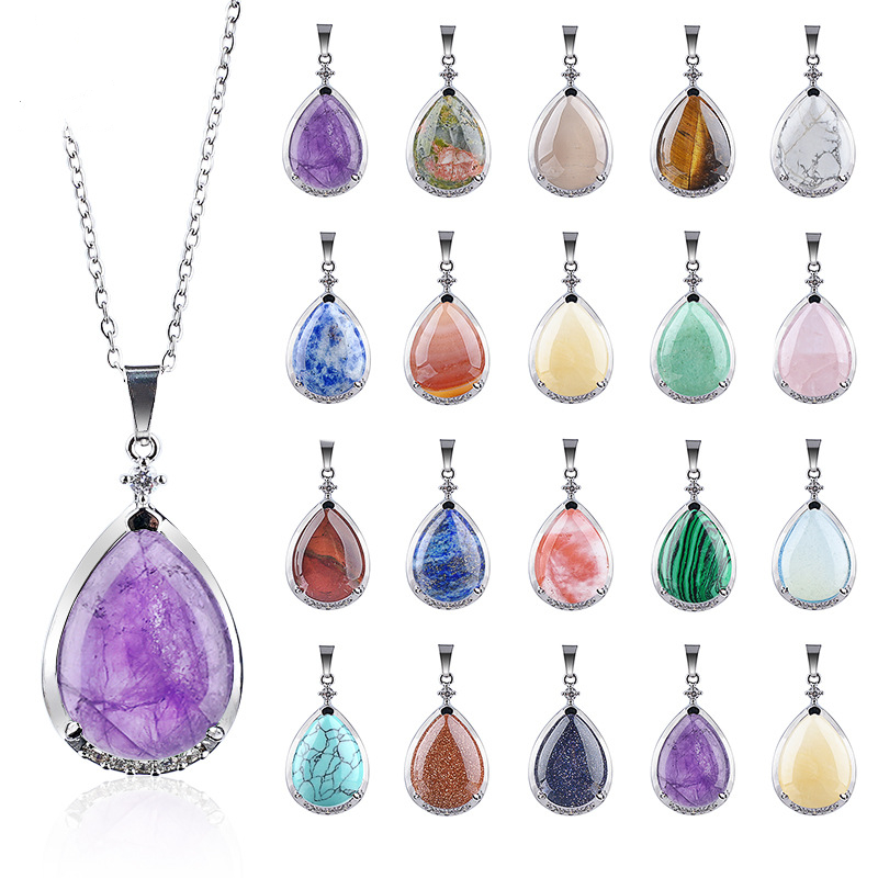 Natural Crystal Teardrop Pendant Necklace, Water Drop Gemstone Inlay Chain Necklace for Daily Wear or Gift