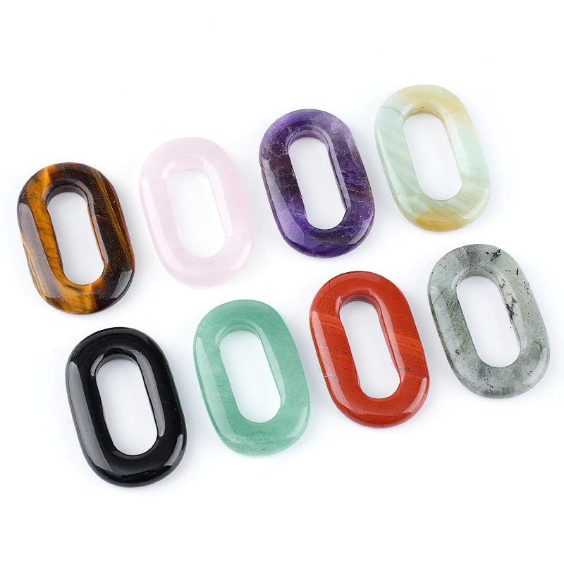 Natural Stone Oval O-Ring Pendant 25×40mm Large Hole Crystal & Jadeite Carved Loop Connector for DIY Necklace Jewelry Making