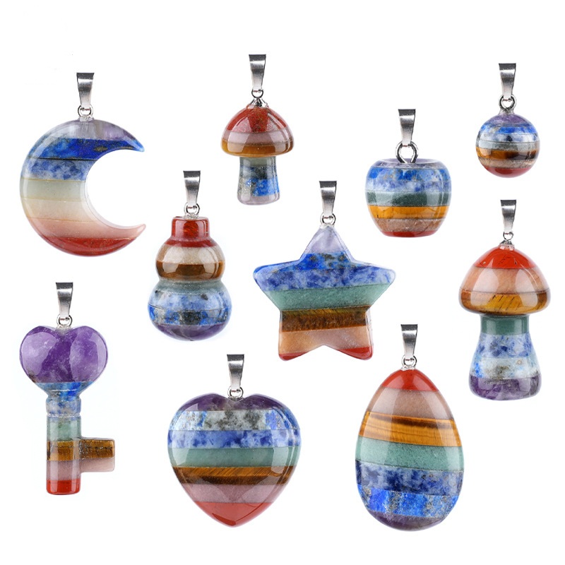 Seven Chakra Style Layered Gemstone Pendant Color Block Crystal Necklace Heart Moon Star Charm26022105