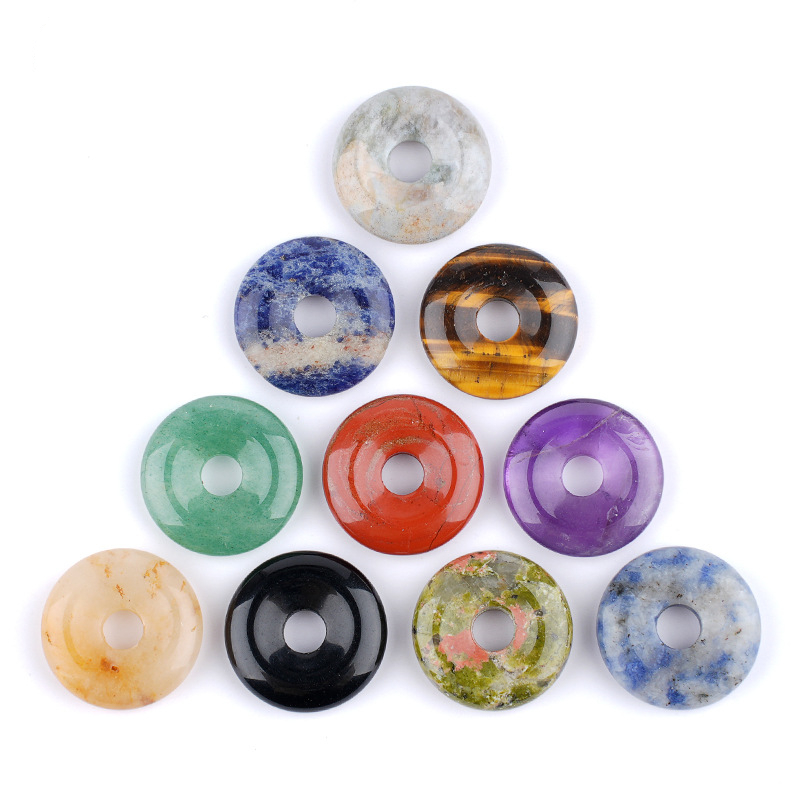 Natural Gemstone Donut Pendant Large Hole Round Peace Buckle Crystal Necklace DIY Charm26022107
