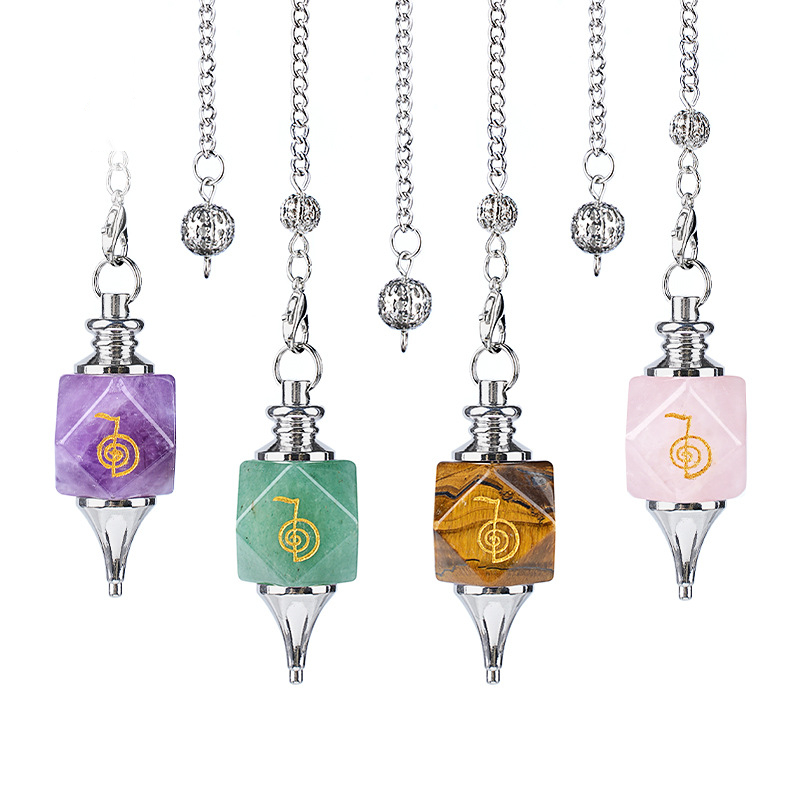 Geometric Crystal Pendulum Pendant with Rune Engraving - Adjustable Chain for Meditation and Yoga