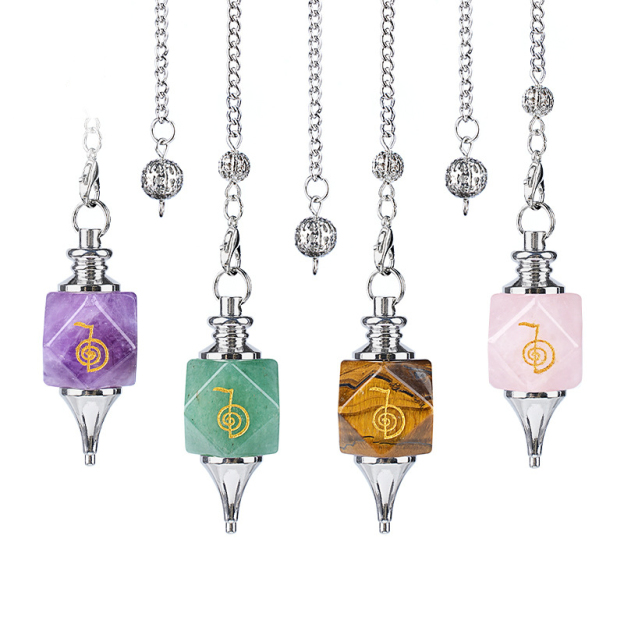 Geometric Crystal Pendulum Pendant with Rune Engraving - Adjustable Chain for Meditation and Yoga