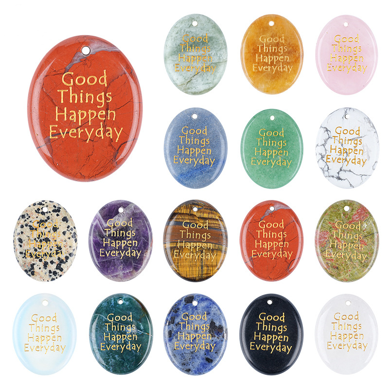 Natural Stone Oval Pendant with Inspirational Engraving Good Things Happen Everyday, Handheld Worry Stone Charm for Necklace DIY Craft