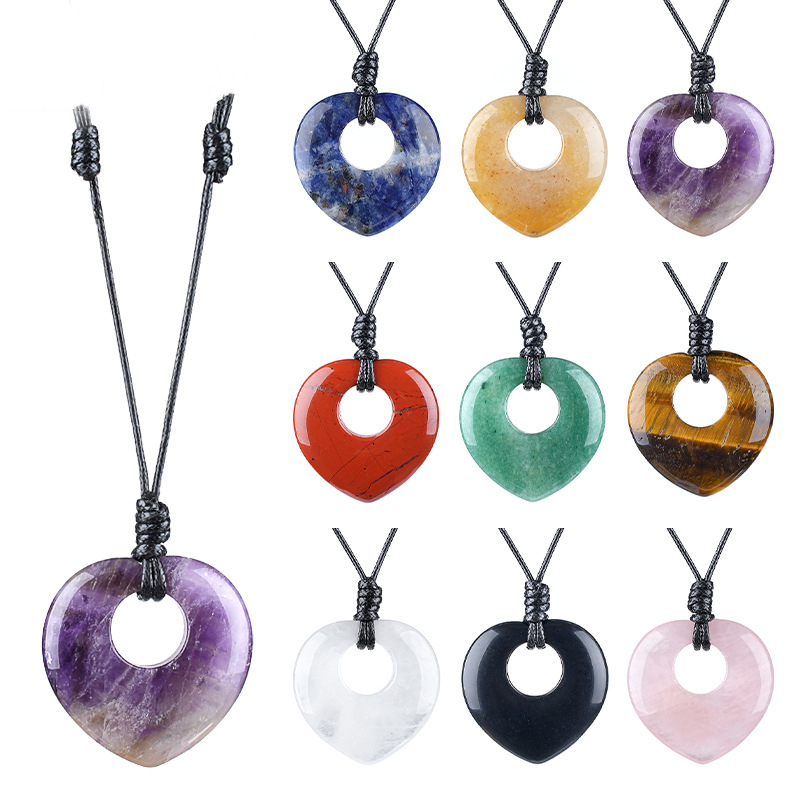 Natural Stone Heart Pendant Necklace Adjustable Rope Hand Carved Heart Charm Minimalist Love Symbol Pendant