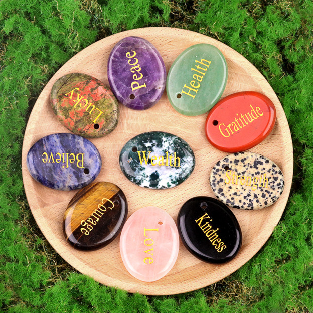 Natural Crystal Engraved Affirmation Stone Pendant, Oval Word Carved Agate Charm with Hole for Keychain Necklace Bag Charm and Gift Accessory