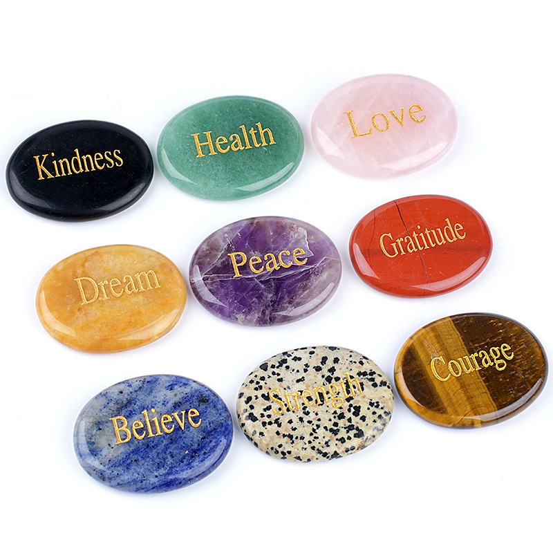 Natural Crystal Engraved Palm Stone, Oval Affirmation Worry Stone Massage Stone for Relaxation, Motivation, Gift, Desk Decor and Wholesale