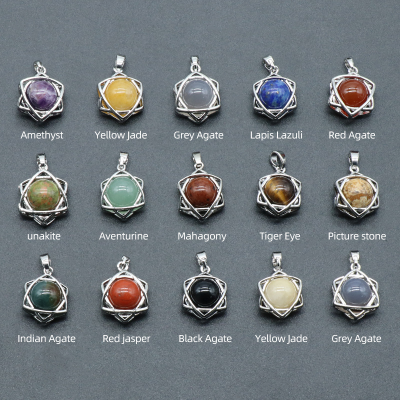 Natural Crystal Hexagram Pendant, Star Cage Gemstone Charm with Round Stone Bead for DIY Bracelet, Necklace Making and Handmade Jewelry Accessories