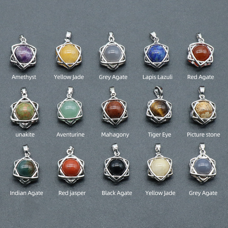 Natural Crystal Hexagram Pendant, Star Cage Gemstone Charm with Round Stone Bead for DIY Bracelet, Necklace Making and Handmade Jewelry Accessories