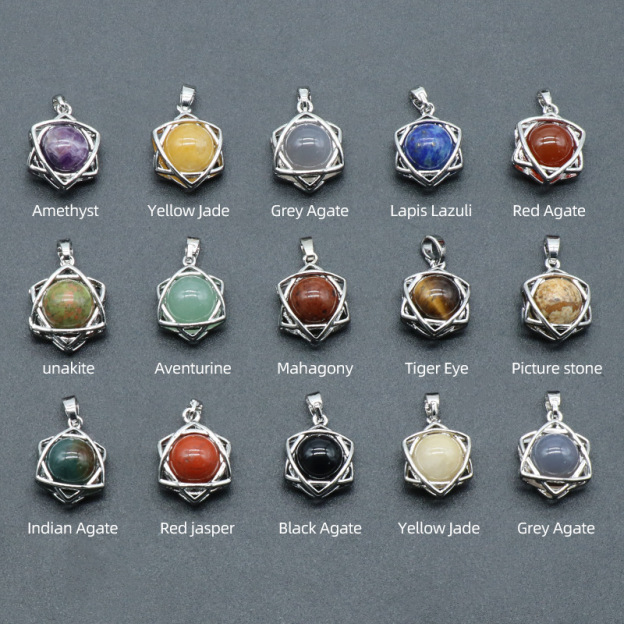 Natural Crystal Hexagram Pendant, Star Cage Gemstone Charm with Round Stone Bead for DIY Bracelet, Necklace Making and Handmade Jewelry Accessories