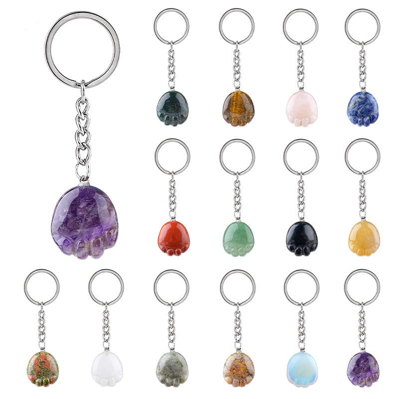 Natural Crystal Paw Keychain Cute Stone Cat Paw Charm