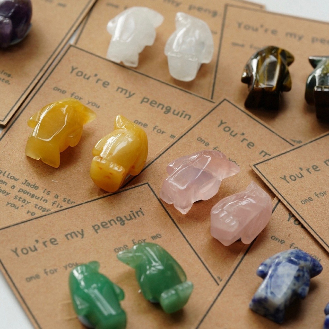 Natural Rose Quartz Penguin Figurine Set, Hand Carved Stone Couple Penguins with Gift Box and Message Card