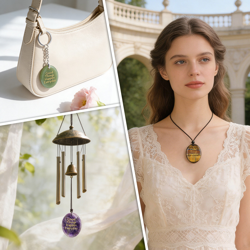 Natural Stone Oval Pendant with Inspirational Engraving Good Things Happen Everyday, Handheld Worry Stone Charm for Necklace DIY Craft