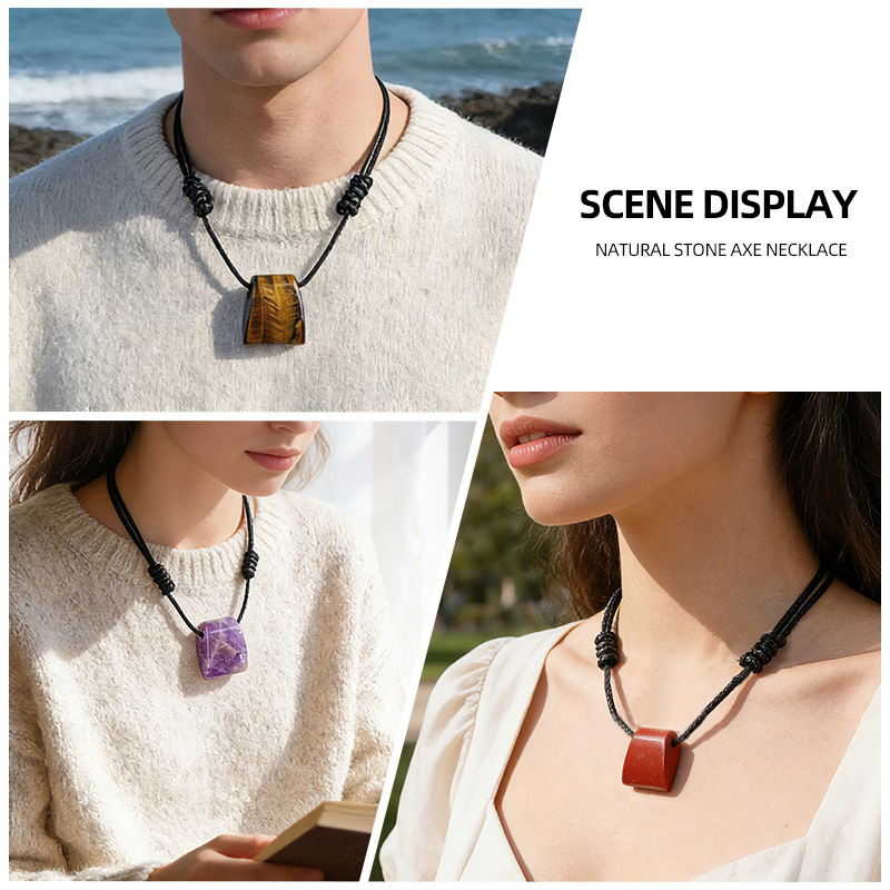 Natural Stone Axe Shape Pendant Necklace Adjustable Rope Hand Carved Vintage Style Large Hole Pendant Necklace