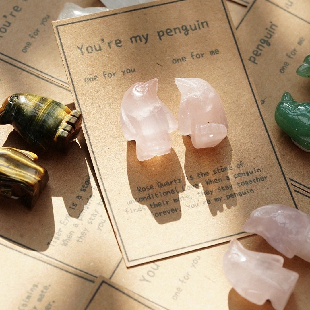 Natural Rose Quartz Penguin Figurine Set, Hand Carved Stone Couple Penguins with Gift Box and Message Card