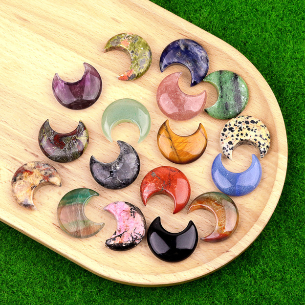 Natural Crystal Moon Charm, Crescent Stone Carving No Hole Pendant for DIY Jewelry Making, Decorative Crafts and Handmade Accessory Projects