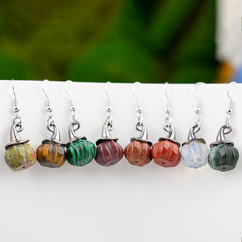 Natural Crystal Pumpkin Earrings, Agate Stone Witch Hat Drop Earrings, Vintage Halloween Style Gemstone Dangle Ear Jewelry