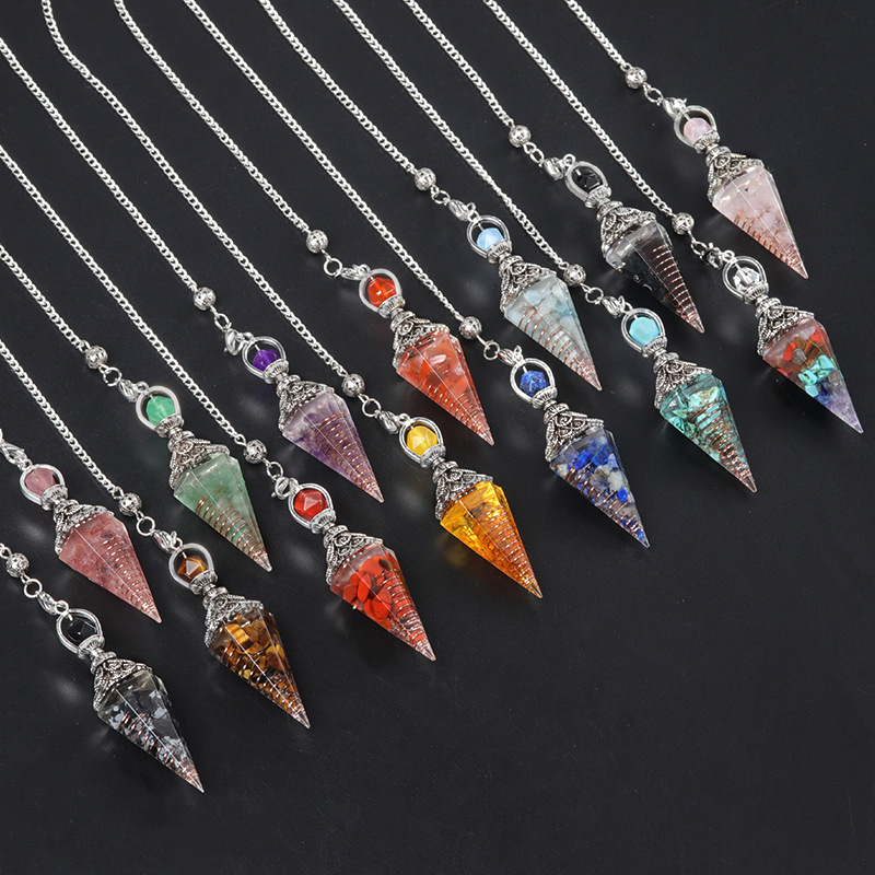 Resin Crystal Chip Pendulum Necklace Silver Chain Hexagonal Cone Stone Dowsing Pendant Jewelry Accessory 20260210