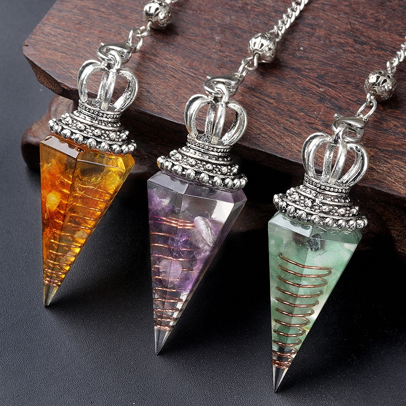 Natural Crystal Pendulum Necklace, Resin Hexagon Cone Dowsing Pendulum with Gemstone Chips, Spiritual Divination Gift, Handmade Jewelry