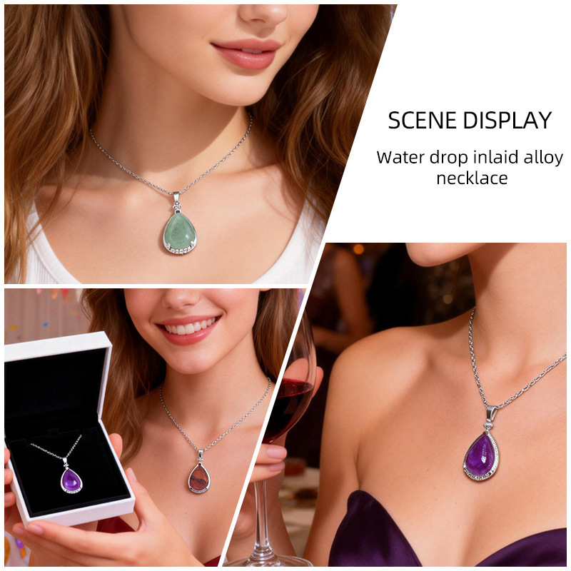 Natural Crystal Teardrop Pendant Necklace, Water Drop Gemstone Inlay Chain Necklace for Daily Wear or Gift