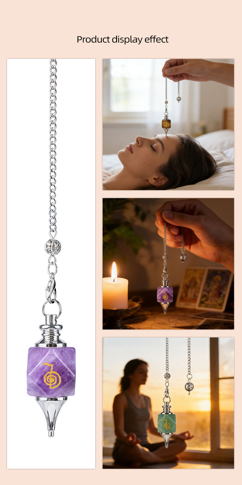 Geometric Crystal Pendulum Pendant with Rune Engraving - Adjustable Chain for Meditation and Yoga