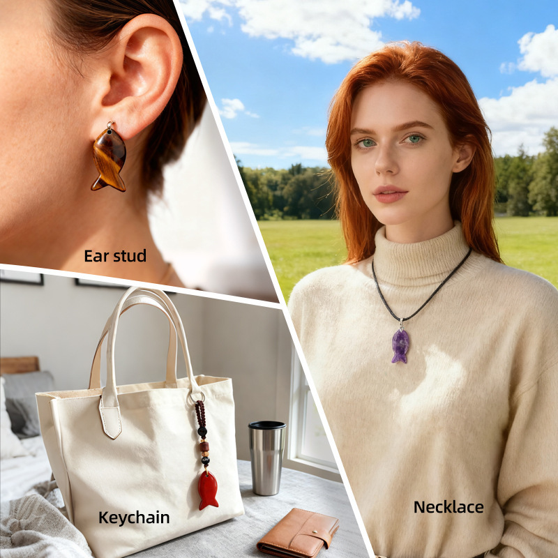 Natural Stone Fish Shape Pendant, DIY Fish-shaped Necklace, Creative Carved Stone Fish Pendant