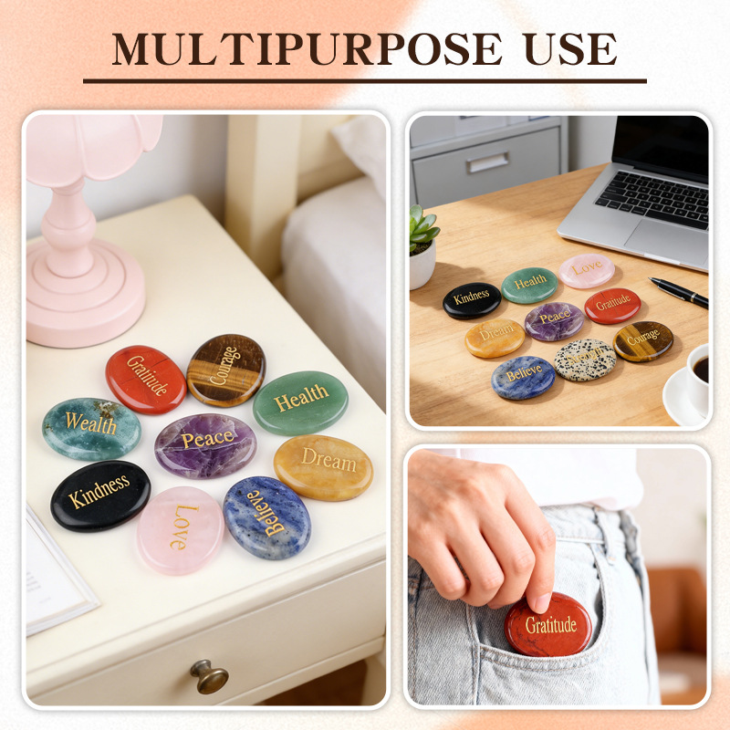 Natural Crystal Engraved Palm Stone, Oval Affirmation Worry Stone Massage Stone for Relaxation, Motivation, Gift, Desk Decor and Wholesale