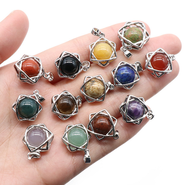 Natural Crystal Hexagram Pendant, Star Cage Gemstone Charm with Round Stone Bead for DIY Bracelet, Necklace Making and Handmade Jewelry Accessories