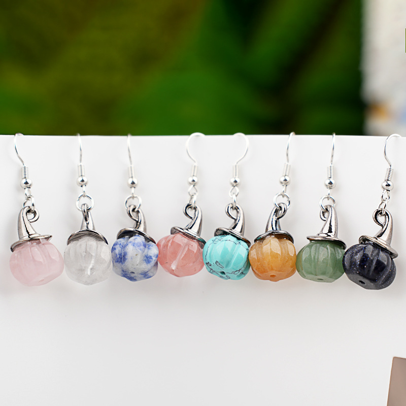 Natural Crystal Pumpkin Earrings, Agate Stone Witch Hat Drop Earrings, Vintage Halloween Style Gemstone Dangle Ear Jewelry