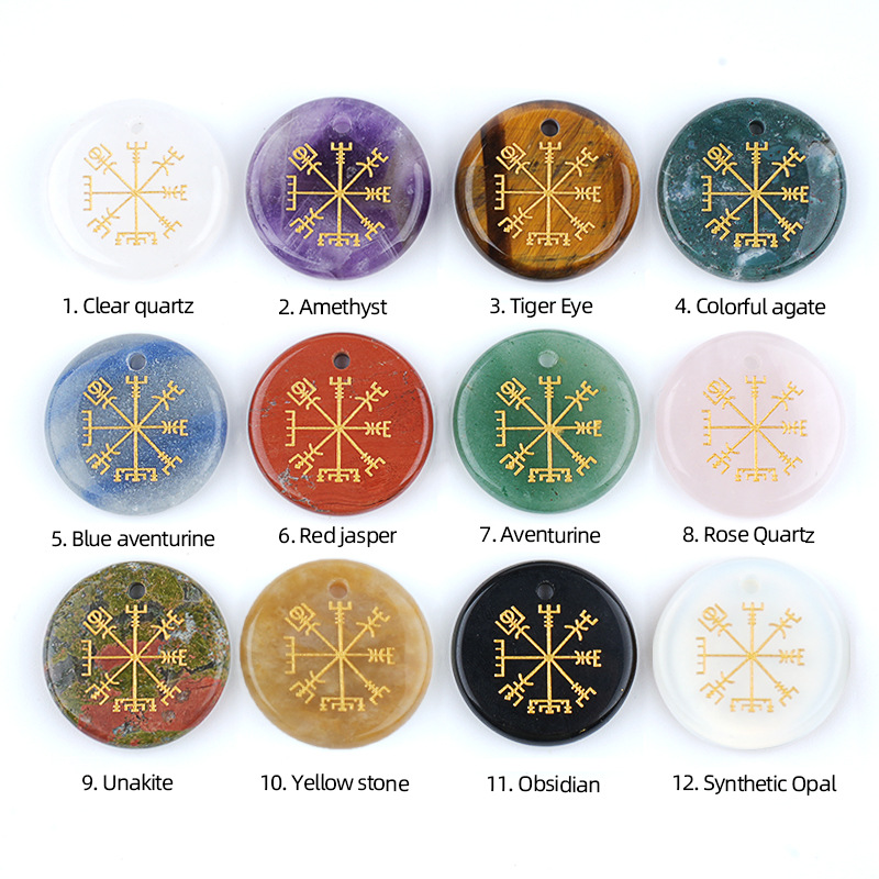 Viking Style Crystal Pendant Necklace Natural Agate Symbol with Round Shape