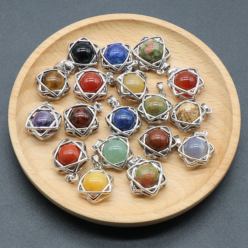 Natural Crystal Hexagram Pendant, Star Cage Gemstone Charm with Round Stone Bead for DIY Bracelet, Necklace Making and Handmade Jewelry Accessories