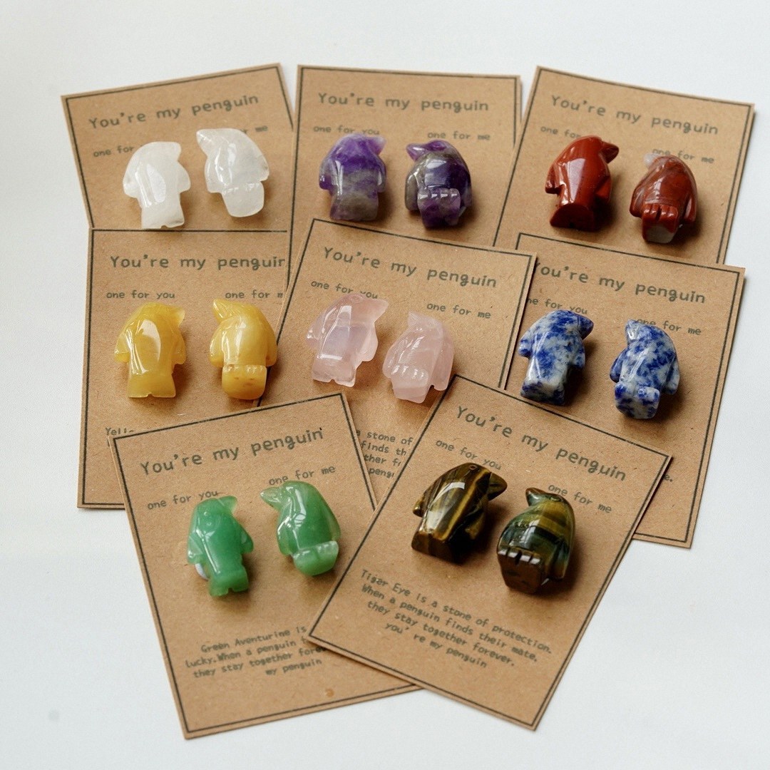 Natural Rose Quartz Penguin Figurine Set, Hand Carved Stone Couple Penguins with Gift Box and Message Card