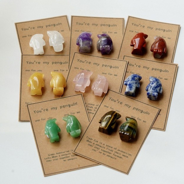 Natural Rose Quartz Penguin Figurine Set, Hand Carved Stone Couple Penguins with Gift Box and Message Card