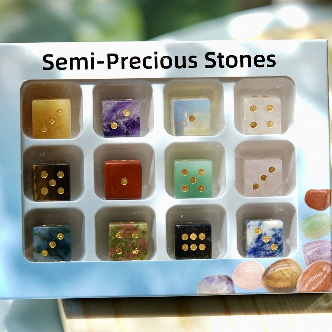 Semi-Precious Crystal Dice, Engraved Gemstone Dice Available as Single Pieces or Display Sets