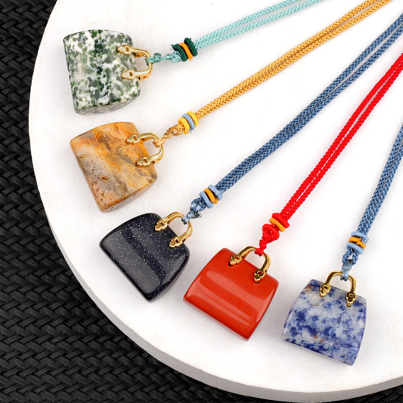 Natural Crystal Handbag Shape Pendant, Agate Stone Mini Bag Ornament Woven Rope Sweater Chain Accessory, Multi Material Decorative Pendant