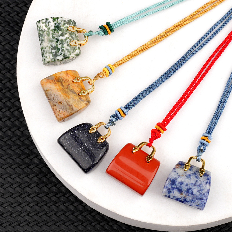 Natural Crystal Handbag Shape Pendant, Agate Stone Mini Bag Ornament Woven Rope Sweater Chain Accessory, Multi Material Decorative Pendant