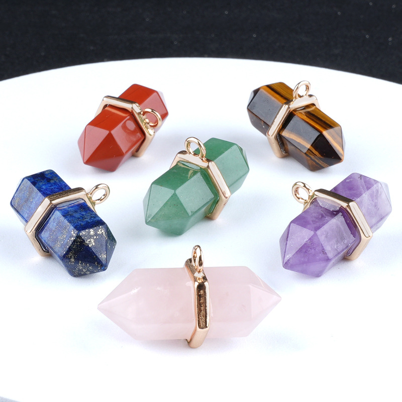 Natural Crystal Double Point Pendant Hexagonal Column Stone Charm 13×36mm DIY Necklace Jewelry Accessory