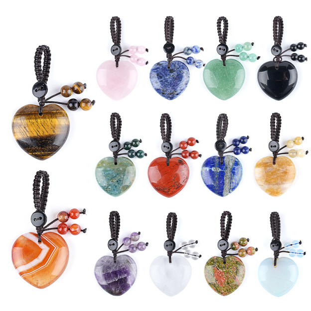 Natural Crystal Heart Keychain Pendant 30mm Stone Love Heart Bag Charm Braided Hanging Accessory